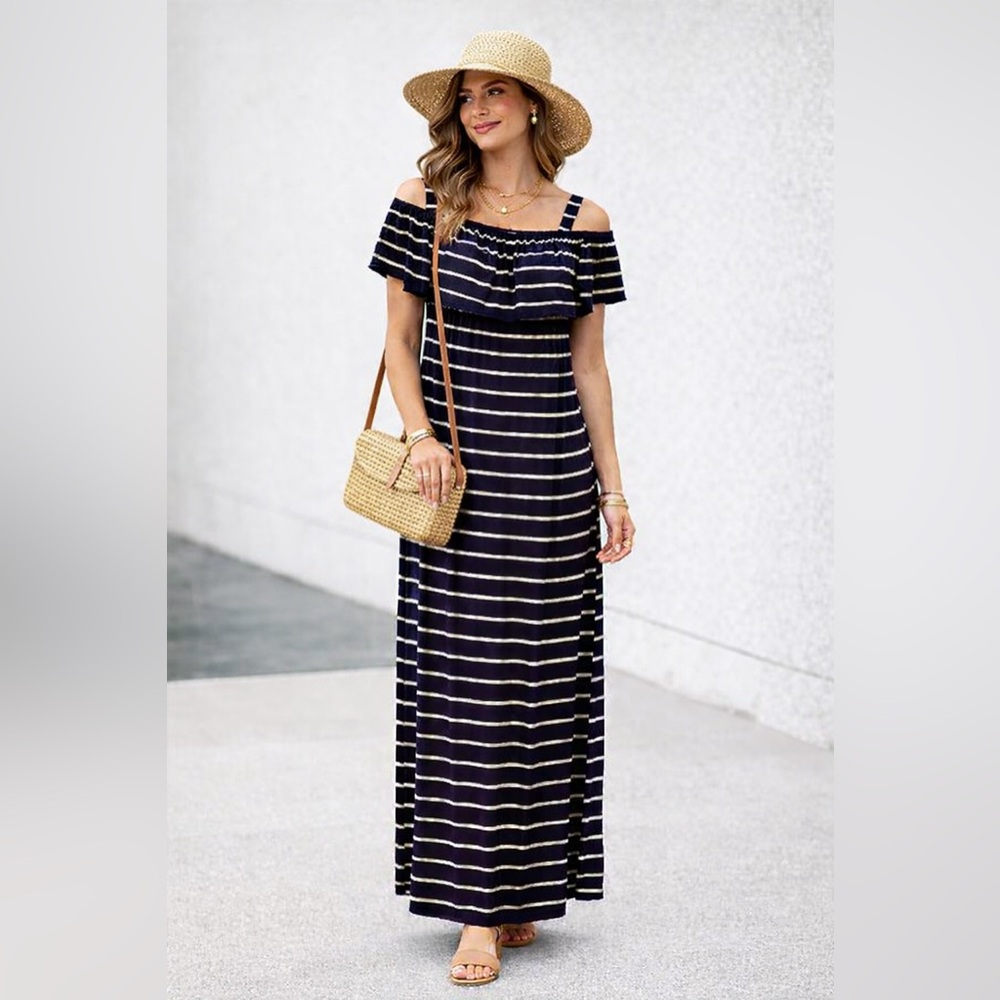 Nina Leonard adj strappy blue & white stripe Maxi Dress SZ 1X side slits ruffles